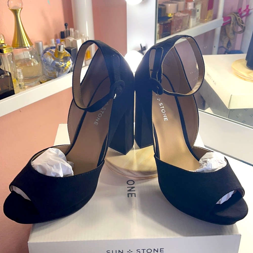 Sun + Stone  black suede peep toe platform